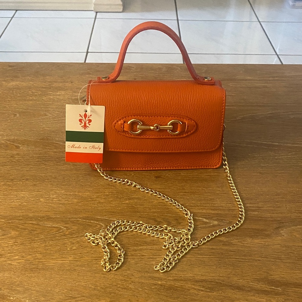 Orange Leather Handbag with Gold Chain